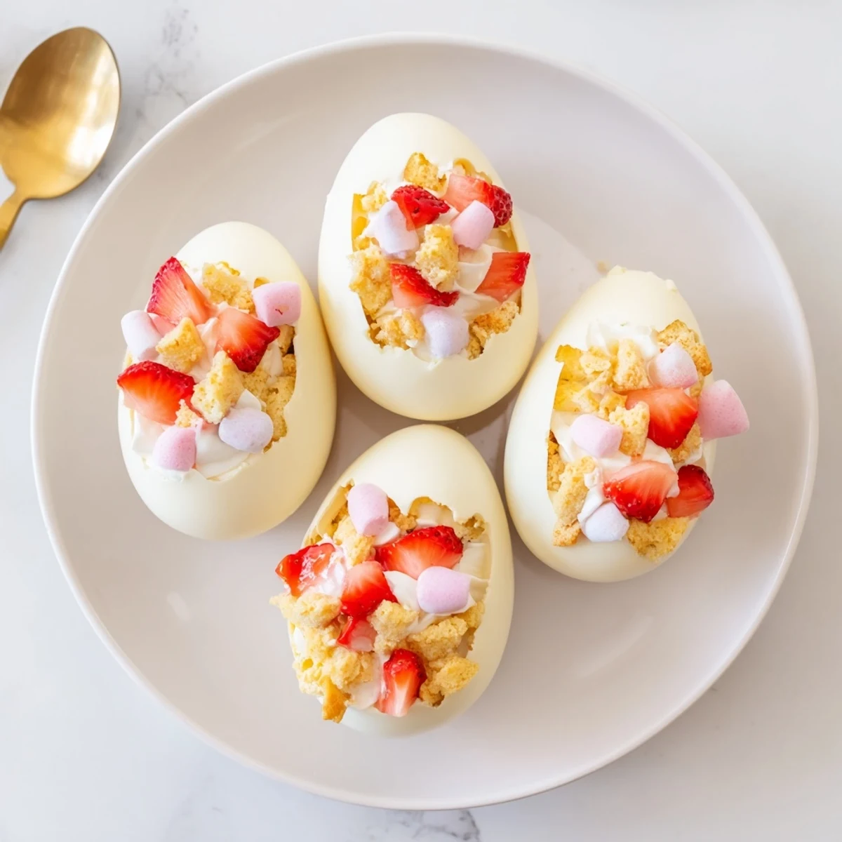 Visually impaired users can imagine these Strawberry Shortcake Easter Egg Bombs, featuring pastel-colored white chocolate halves filled with whipped cream, crumbled cake, and juicy strawberry pieces.