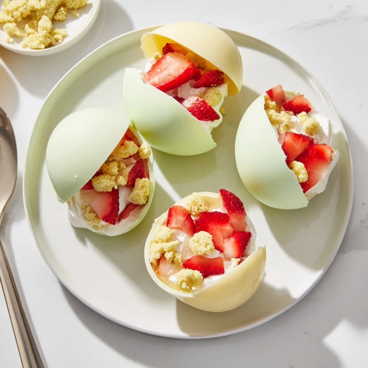 This image of Strawberry Shortcake Easter Egg Bombs reveals a bite taken out, exposing layers of sweet shortcake, fresh strawberry slices, and creamy filling inside.