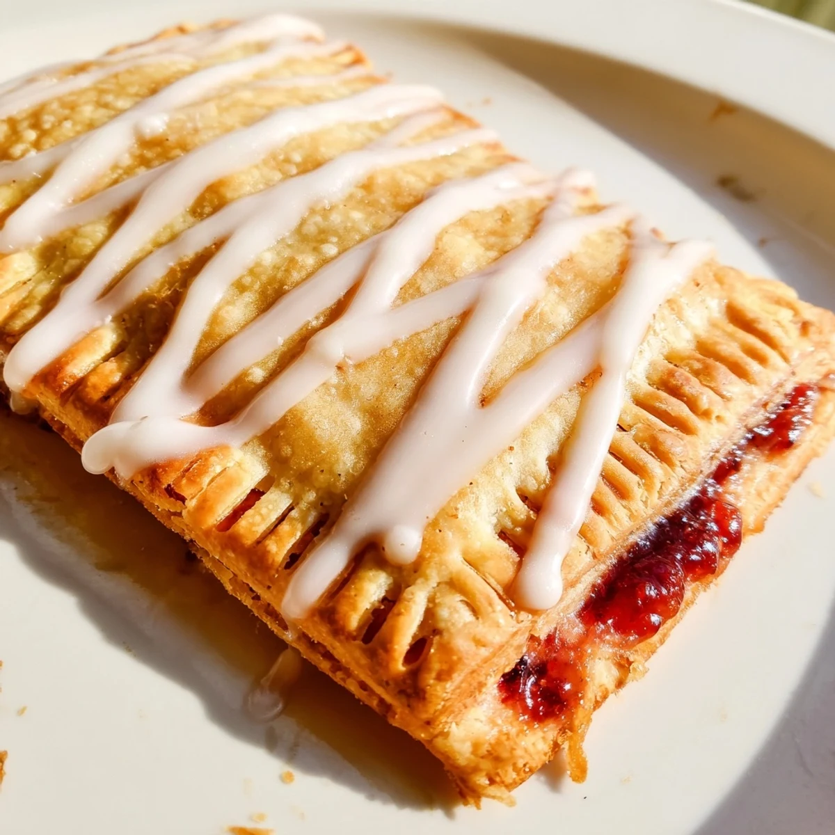 A close-up shot of a sliced Protein Pop Tart revealing the gooey fruit filling on a marble countertop.