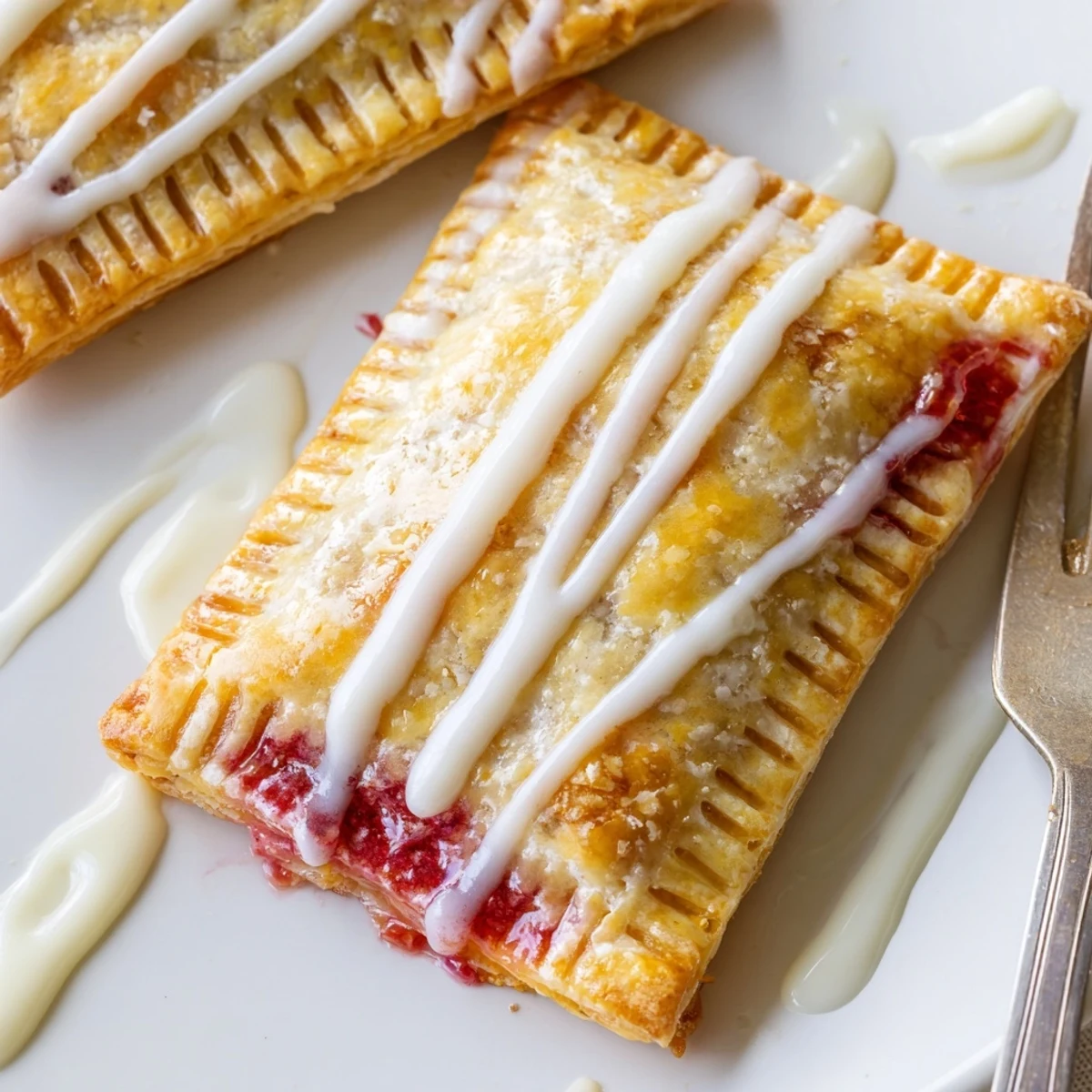 Golden-brown Protein Pop Tarts sit on a white plate with a drizzle of sweet icing and a scattering of powdered sugar.