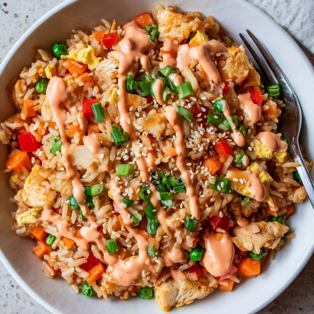 A close-up shot of Bang Bang Fried Rice with tender chicken pieces, scrambled eggs, and toasted sesame seeds.