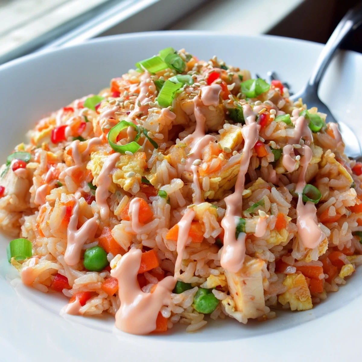 Golden fried rice tossed with vibrant diced bell peppers, carrots, and peas, drizzled with creamy Bang Bang sauce.