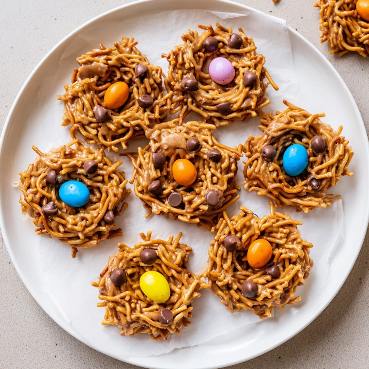 Easter Birds Nest Cookies with Peanut Butter and Chocolate shown on a pastel plate, creamy peanut butter and chocolate chips melted together with crunchy chow mein noodles and candy eggs for a festive treat.