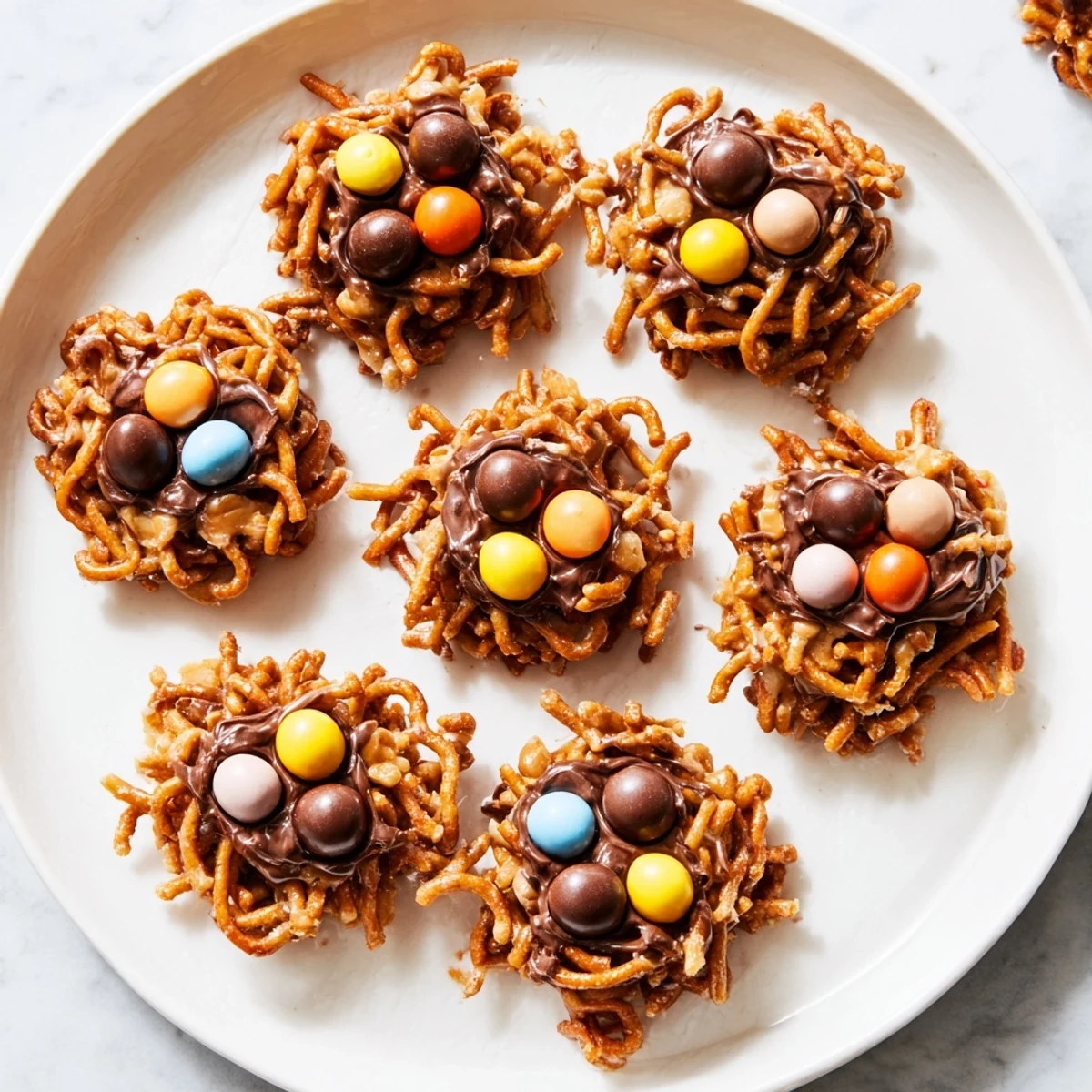 Close-up photo of Easter Birds Nest Cookies with Peanut Butter and Chocolate, no-bake dessert shaped like little nests with chocolate and peanut butter, filled with colorful candy eggs on a white serving platter.