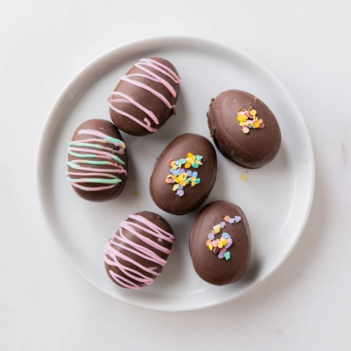 A close-up of Easter Egg Oreo Balls coated in glossy chocolate with vibrant sprinkles on a pastel plate.