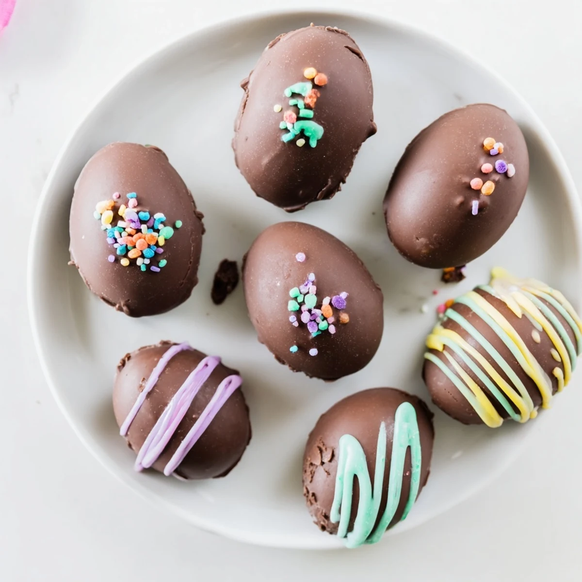 Homemade Easter Egg Oreo Balls arranged on a baking sheet, ready to serve with coffee or as gifts.