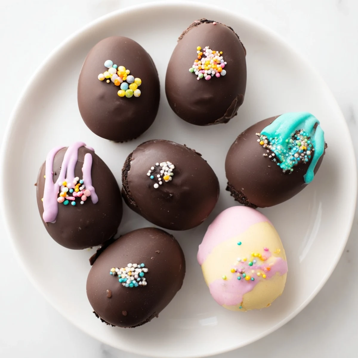 Melted chocolate-dipped Easter Egg Oreo Balls glistening under soft spring light, perfect for festive celebration trays.