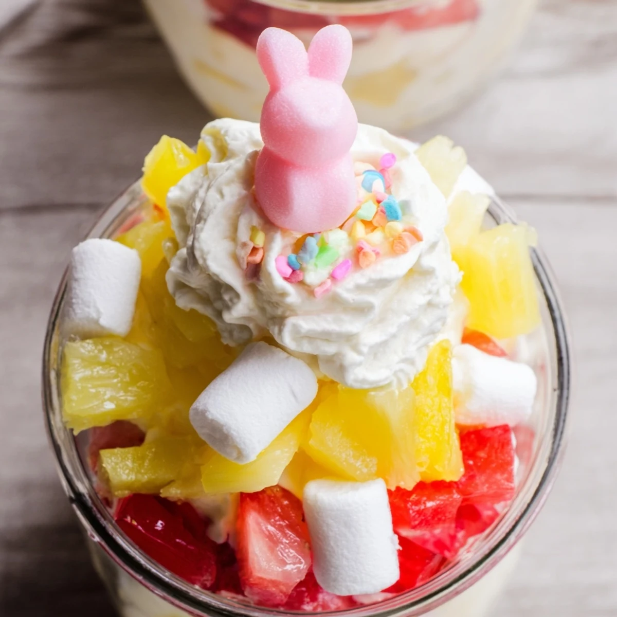 The Jello Pie Easter Bunny Parfait In A Jar is presented in a clear glass, revealing alternating layers of gelatin squares, strawberries, pineapple, and fluffy cream, finished with pastel sprinkles.