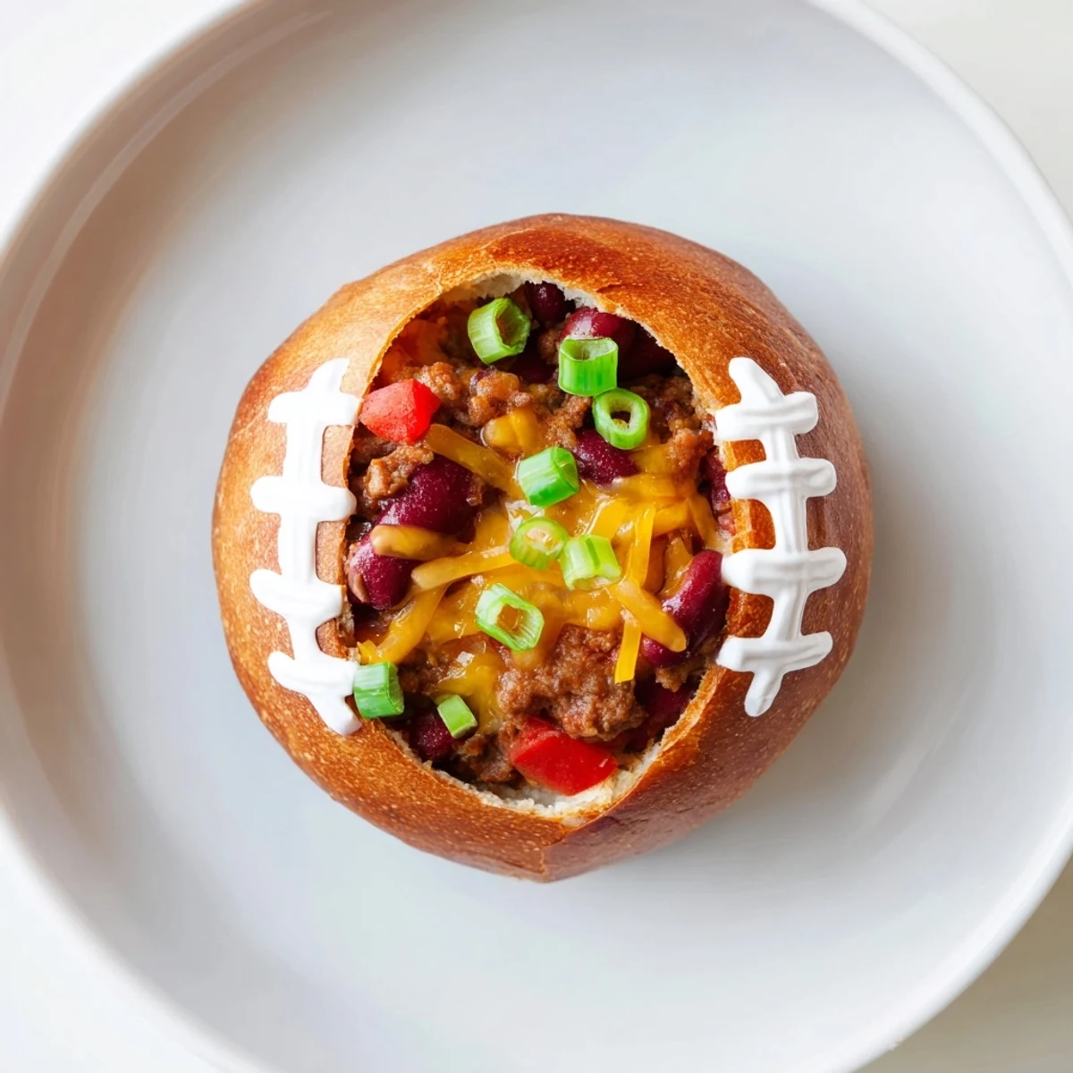Freshly baked Mini Chili Football Bread Bowls sit on a platter, filled with hearty beef and bean chili, topped with melted cheddar, and piped with sour cream football laces for game day.