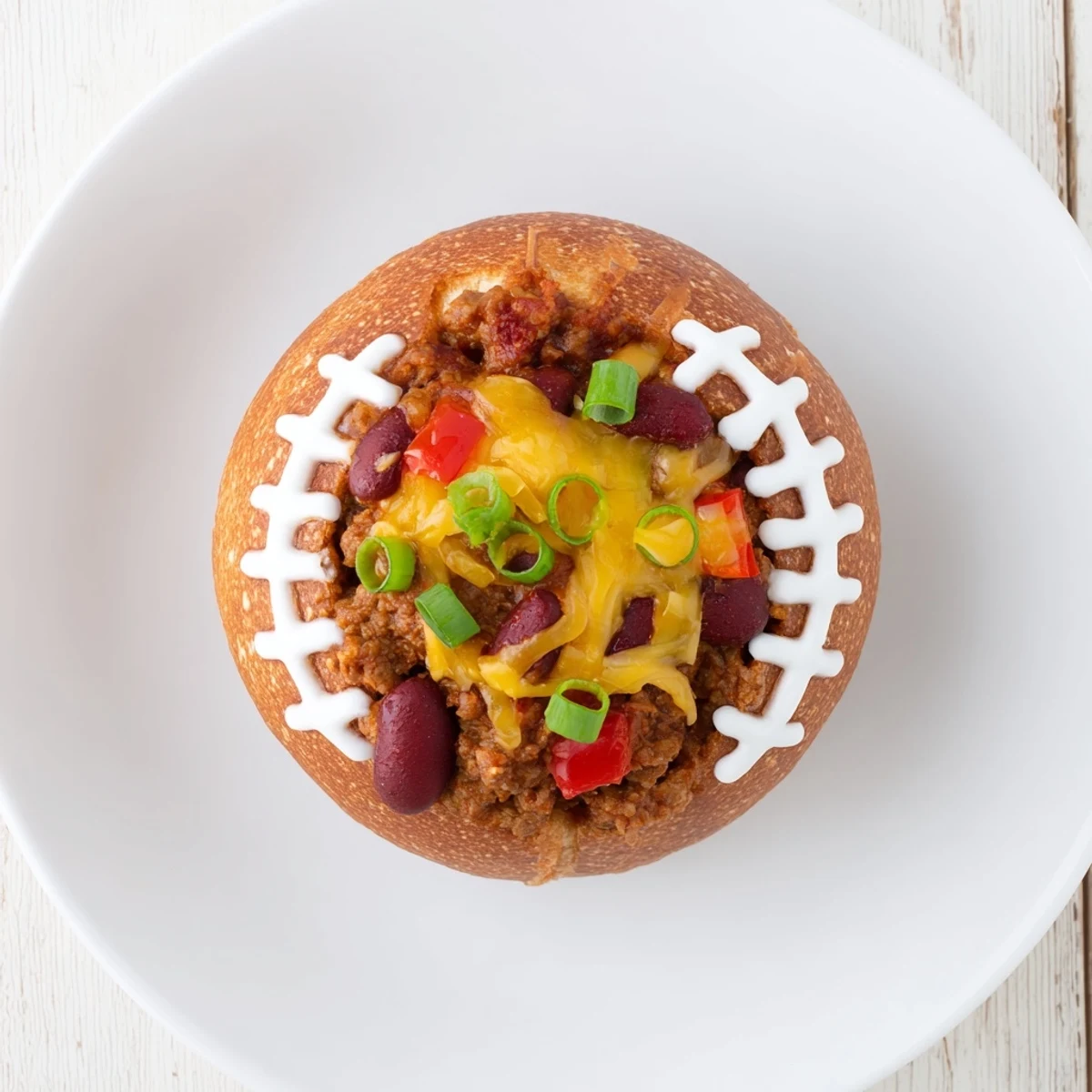 Tender Mini Chili Football Bread Bowls showcase savory chili bubbling under golden melted cheese, decorated with white sour cream stripes to resemble footballs, perfect for Super Bowl snacking.