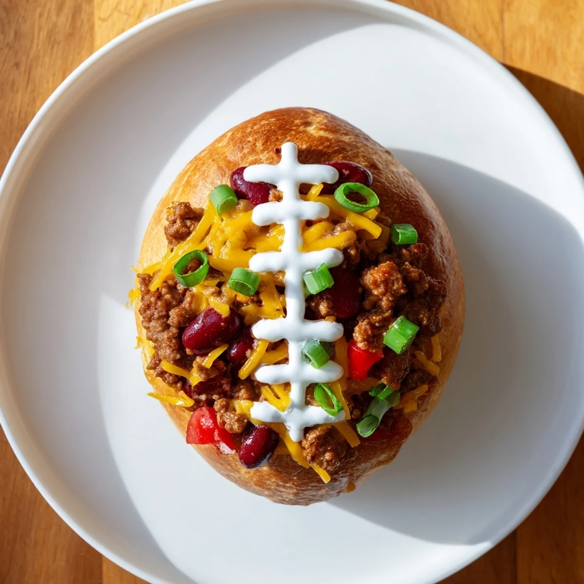 Warm Mini Chili Football Bread Bowls served on a wooden board, featuring golden bread shells stuffed with spiced beef chili, cheddar cheese, and football-themed sour cream decorations.