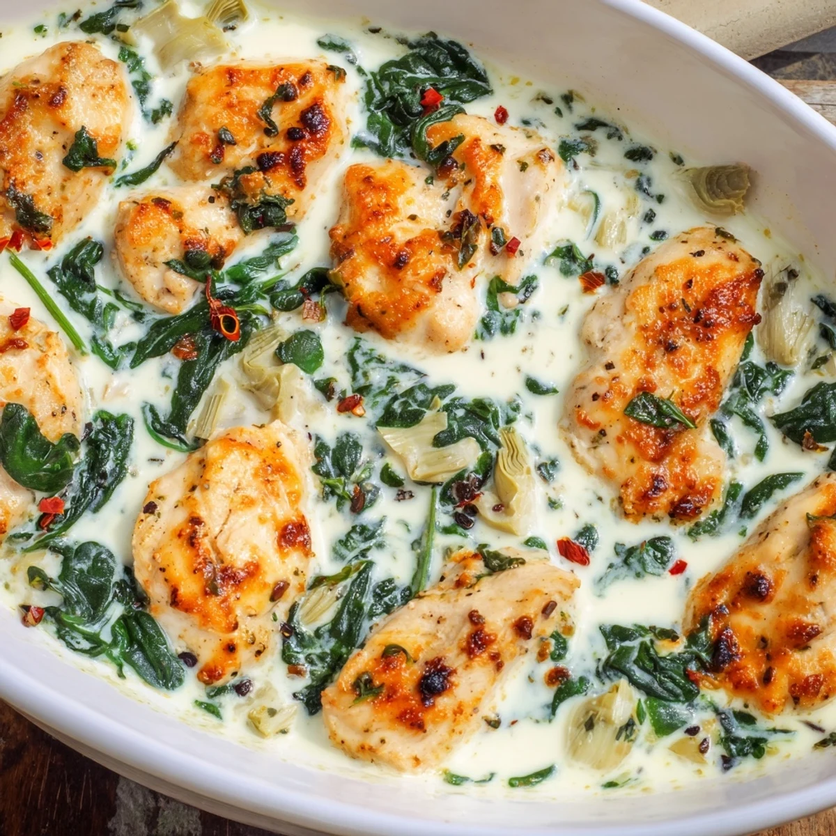 Golden-brown seared chicken breasts nestled in a creamy spinach artichoke chicken with cottage cheese sauce, baked until bubbly and served steaming in a skillet.