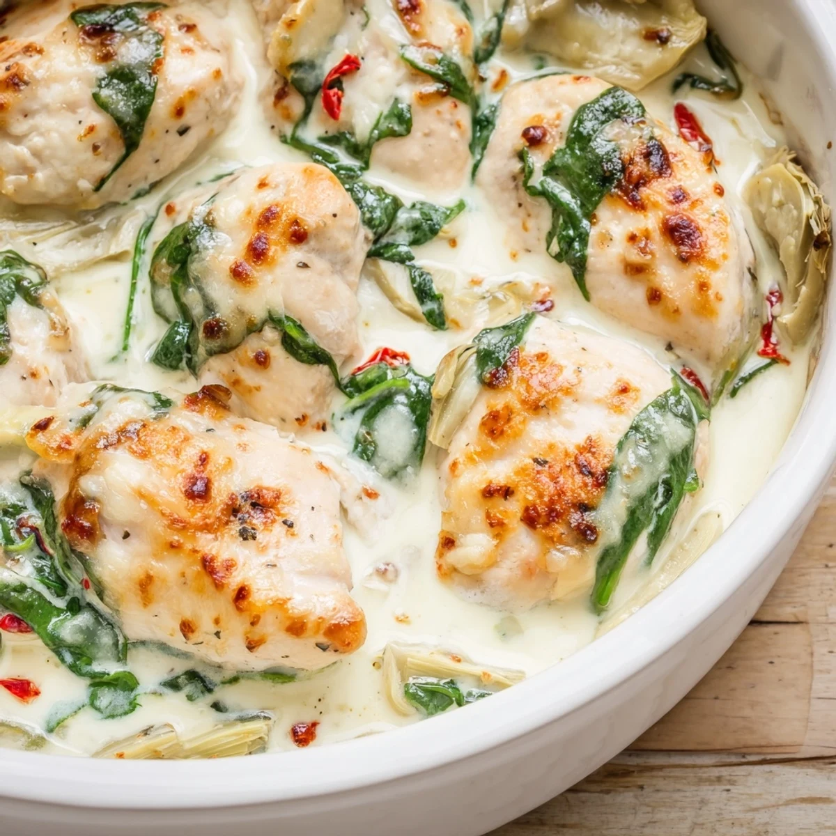 A close-up of juicy spinach artichoke chicken with cottage cheese plated beside quinoa, showcasing a creamy sauce and garnished with fresh parsley.