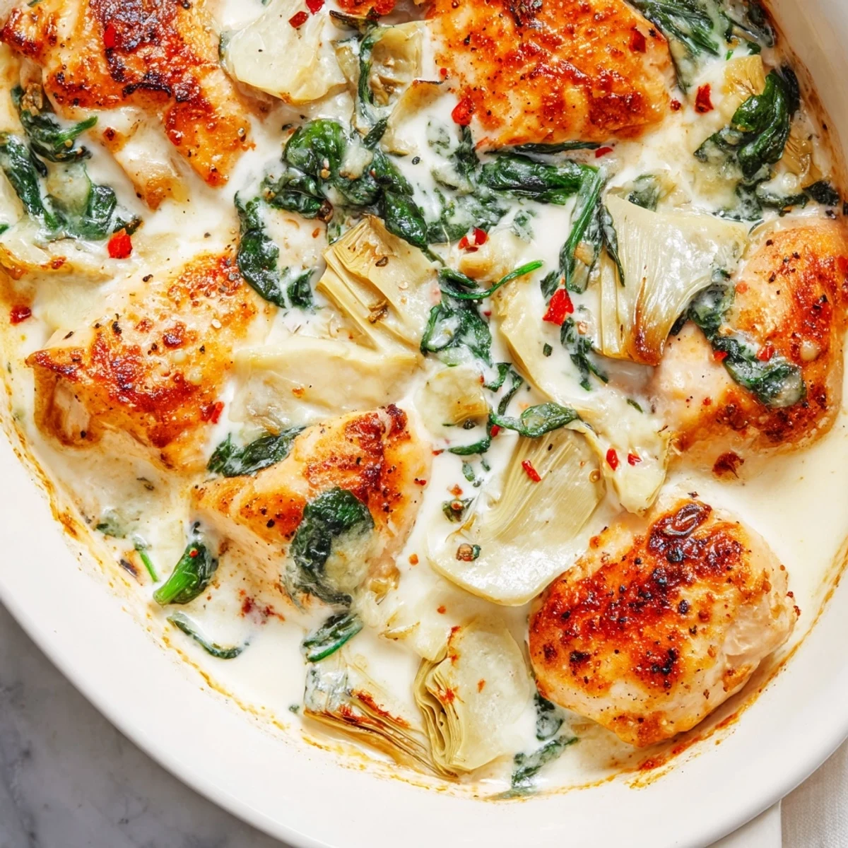 Tender chicken breasts topped with melted mozzarella, wilted spinach, and artichokes in a luscious cottage cheese sauce for this high-protein spinach artichoke chicken.