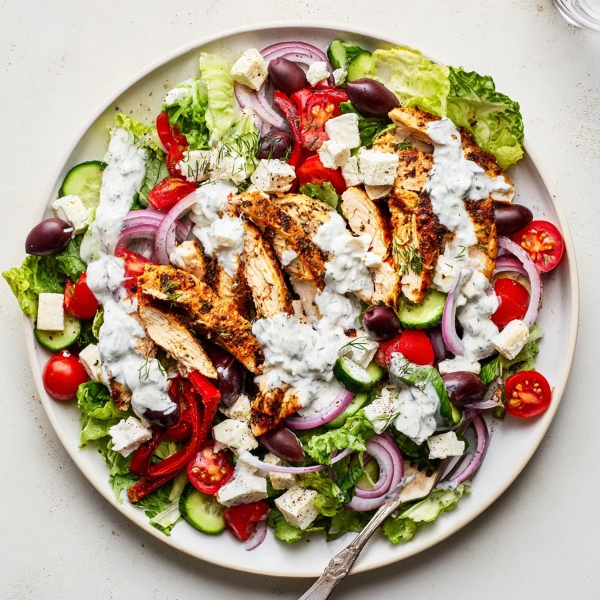 Fresh Tzatziki Chicken Salad arranged with red onion, Kalamata olives, and feta, served chilled for a light summer lunch.
