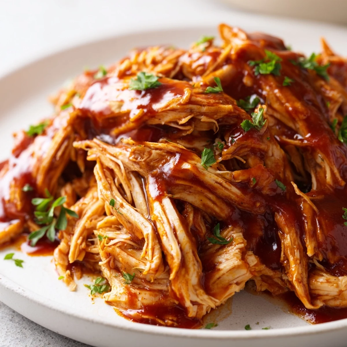 Juicy Sweet Baby Rays Crockpot Chicken shredded in a slow cooker with a sweet, smoky barbecue sauce drizzle.