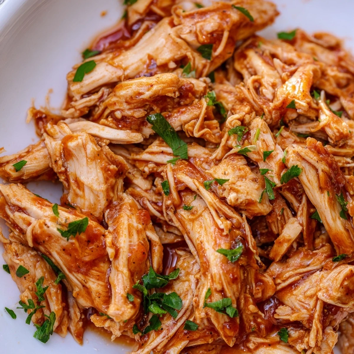 Fork-tender Sweet Baby Rays Crockpot Chicken garnished with fresh parsley, ready to be eaten with a fork.