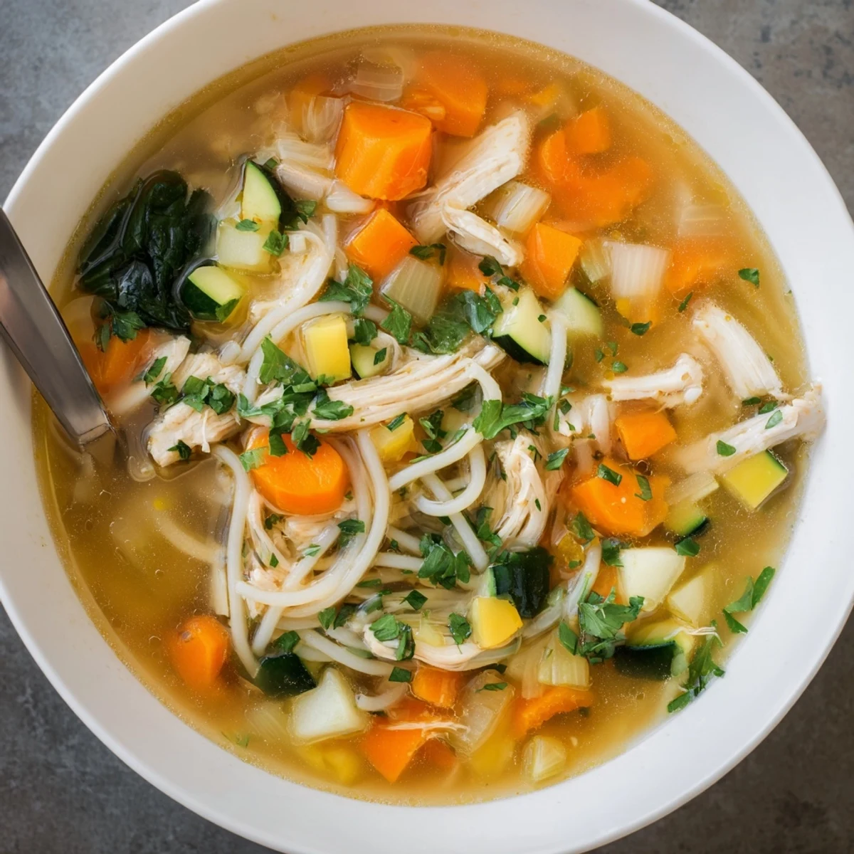 Steaming bowl of The Best Healing Chicken Soup with shredded chicken, carrots, and spinach leaves floating in golden broth.