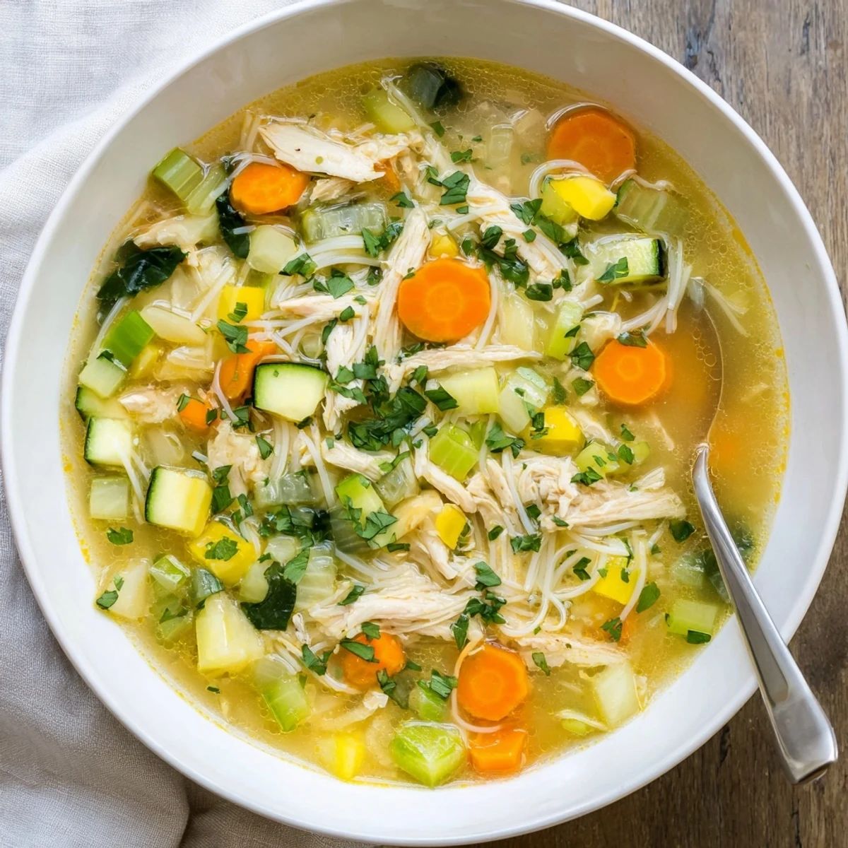 The Best Healing Chicken Soup served hot in a rustic mug, garnished with fresh parsley and a lemon wedge nearby.