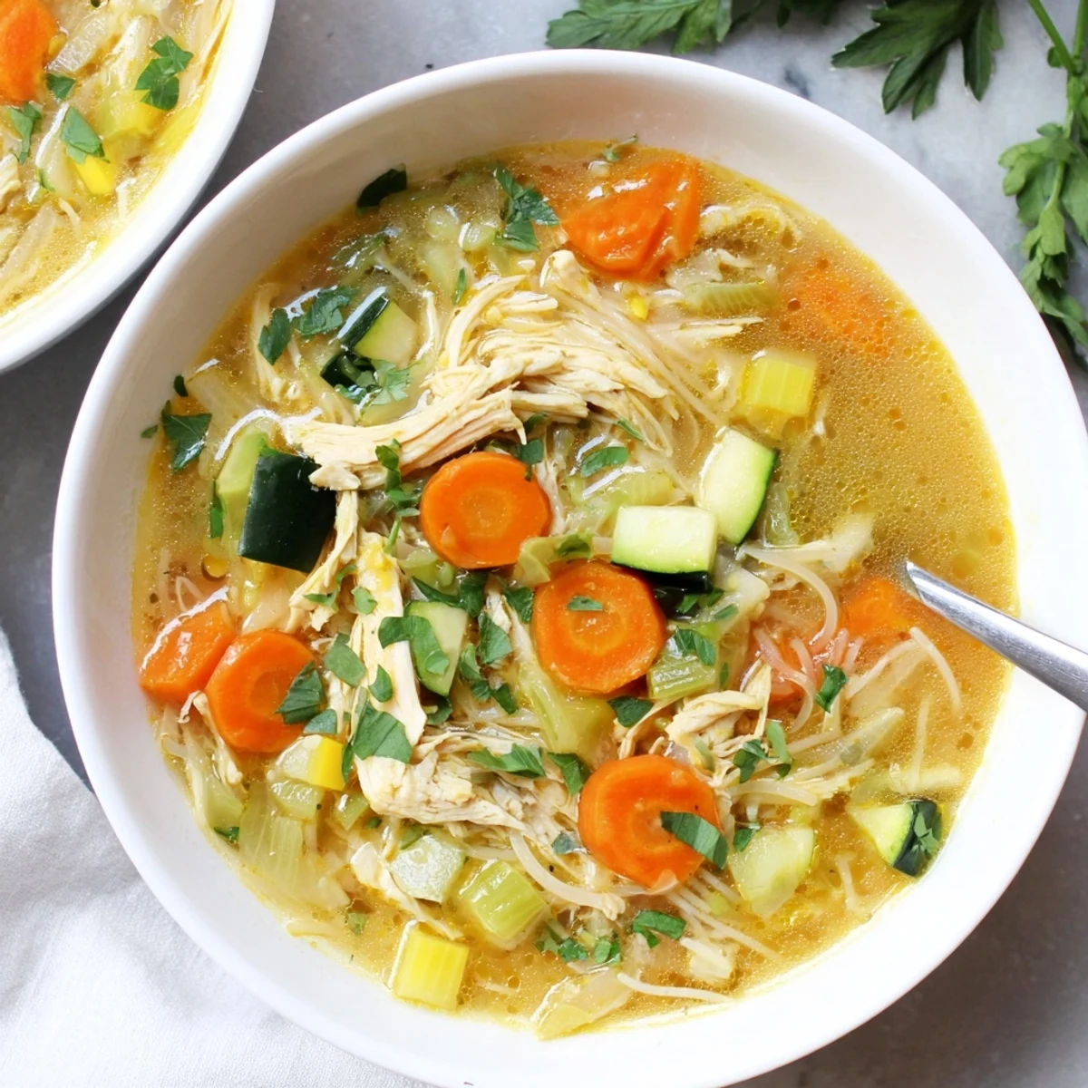 A close-up of The Best Healing Chicken Soup showing tender vegetables and juicy chicken pieces in a savory broth.