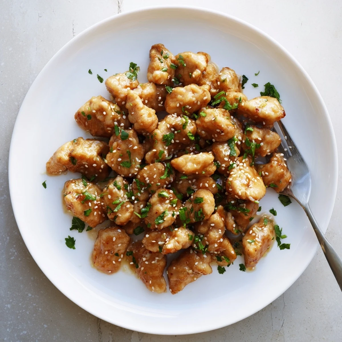Golden Honey Butter Chicken pieces glistening with a rich glaze, served over fluffy white rice and garnished with fresh parsley.