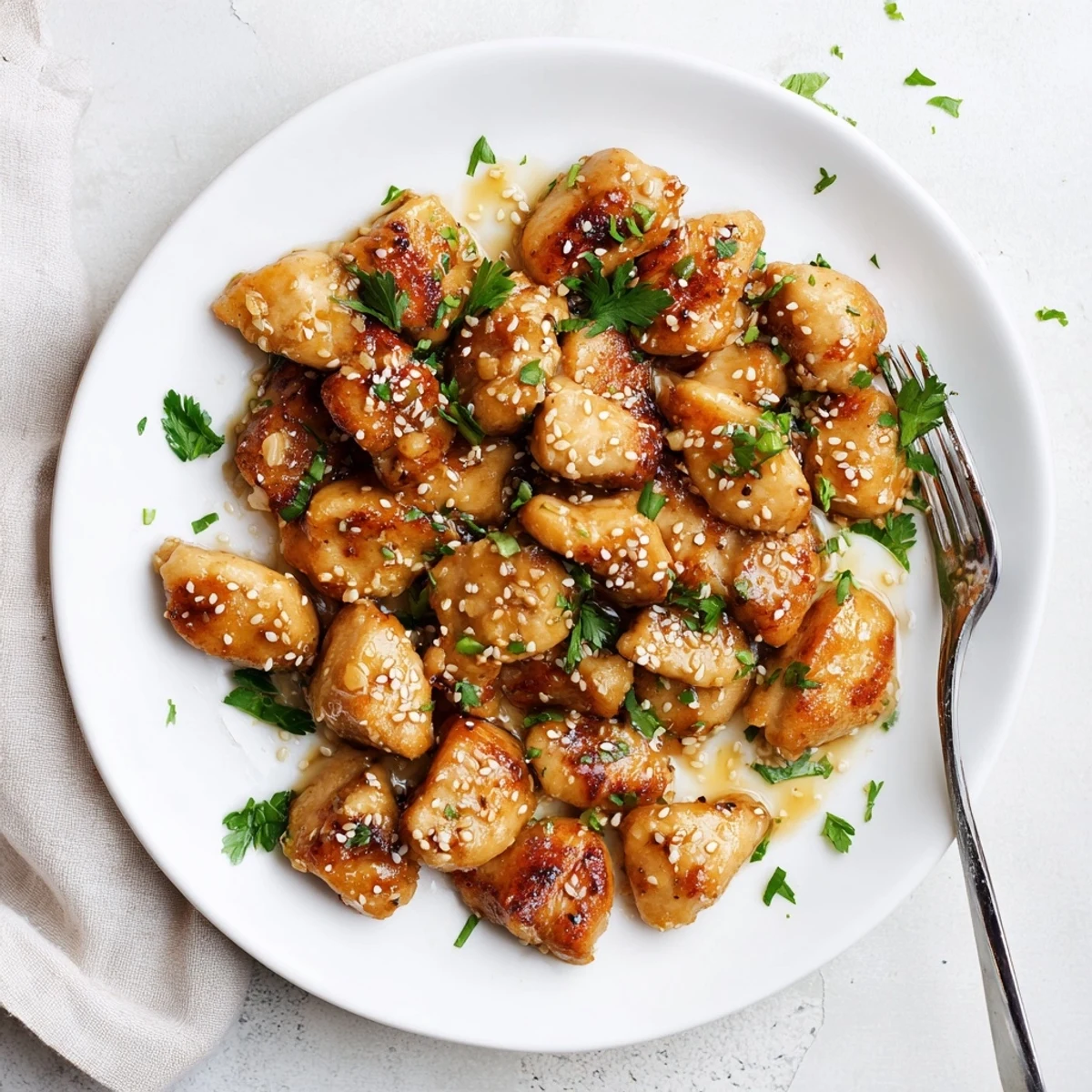 Close-up of tender Honey Butter Chicken pieces coated in a sticky, savory glaze, ready to be enjoyed for dinner.