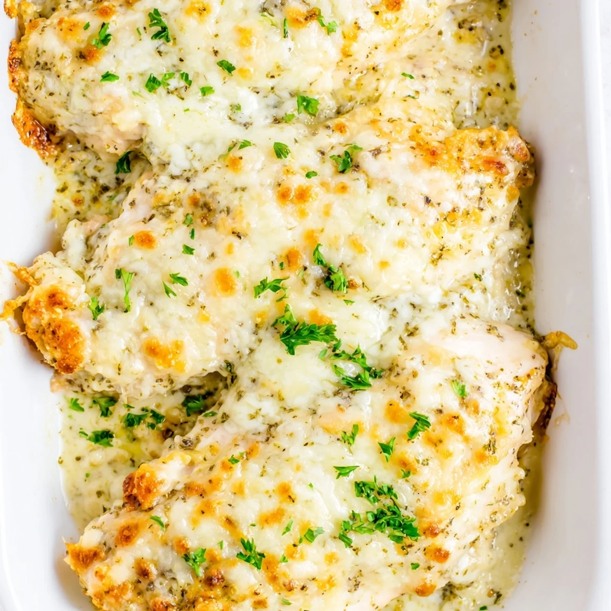 Golden-baked Caesar chicken breasts coated in a rich, creamy Parmesan sauce with bubbly cheese.