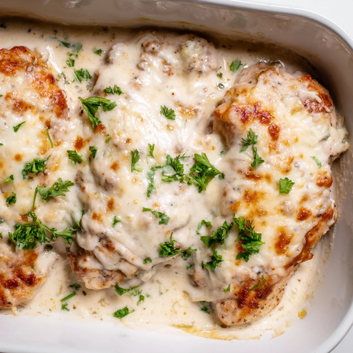 Tender chicken breasts smothered in creamy Caesar sauce and topped with golden, bubbling cheese.