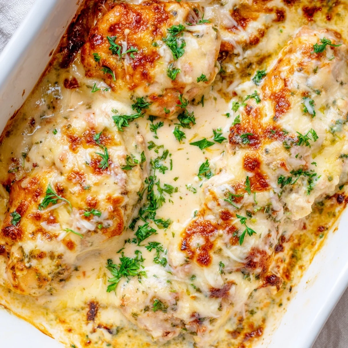 Creamy Parmesan Baked Caesar Chicken fresh from the oven with melted cheese and parsley garnish.