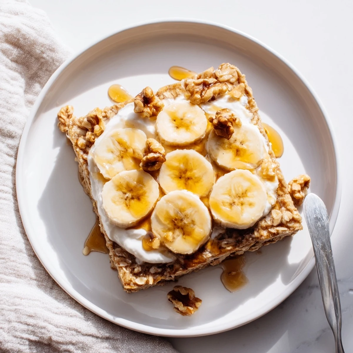 A close-up of Banana Baked Oatmeal with Greek Yogurt served warm, perfect for breakfast.