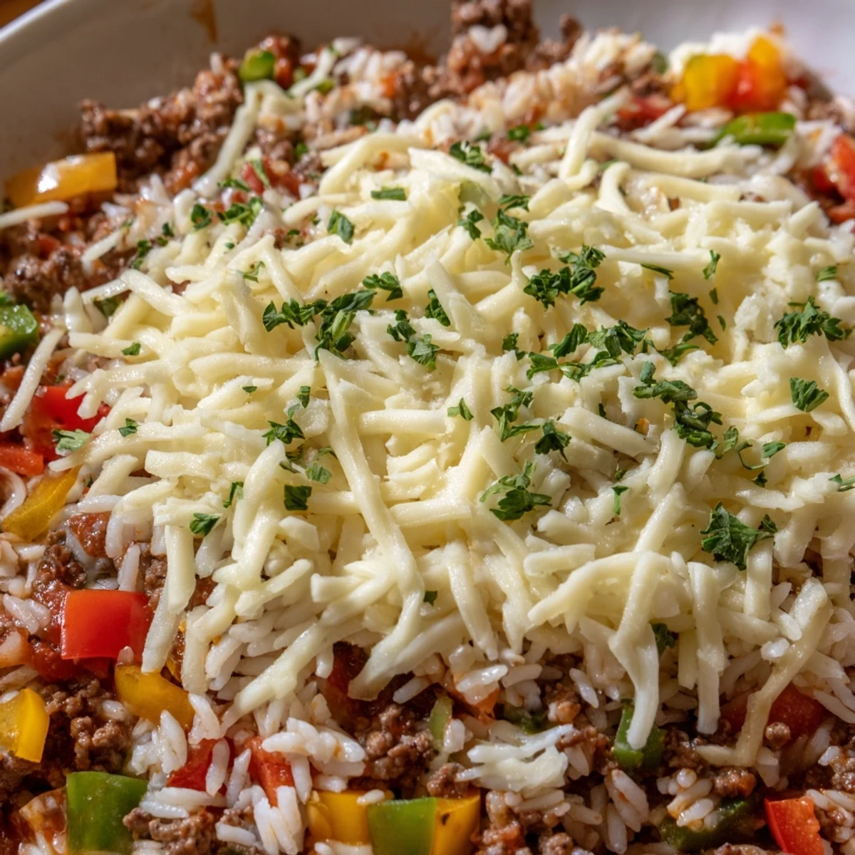 Golden-brown ground beef and vibrant diced bell peppers simmer in a savory tomato sauce, creating a hearty Unstuffed Pepper Skillet topped with melted mozzarella and fresh parsley.