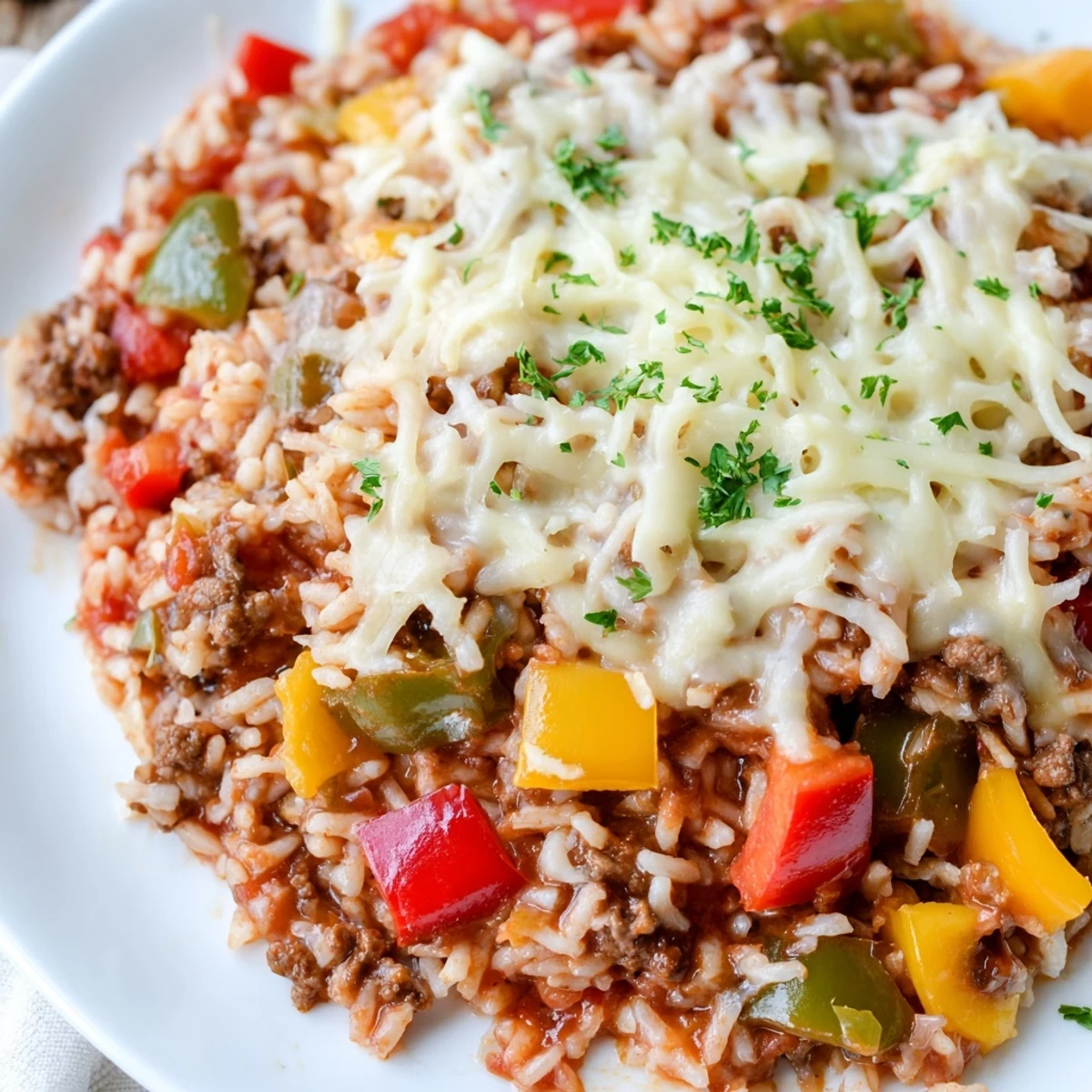 A close-up view of a bubbling Unstuffed Pepper Skillet, featuring tender rice, juicy ground beef, and colorful peppers in a rich tomato broth, served fresh from the stove.