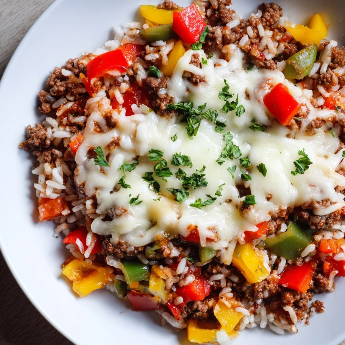 This comforting one-pan Unstuffed Pepper Skillet showcases a wholesome, gluten-free meal, with steam rising from the melted cheese and parsley garnish over a rustic wooden table.