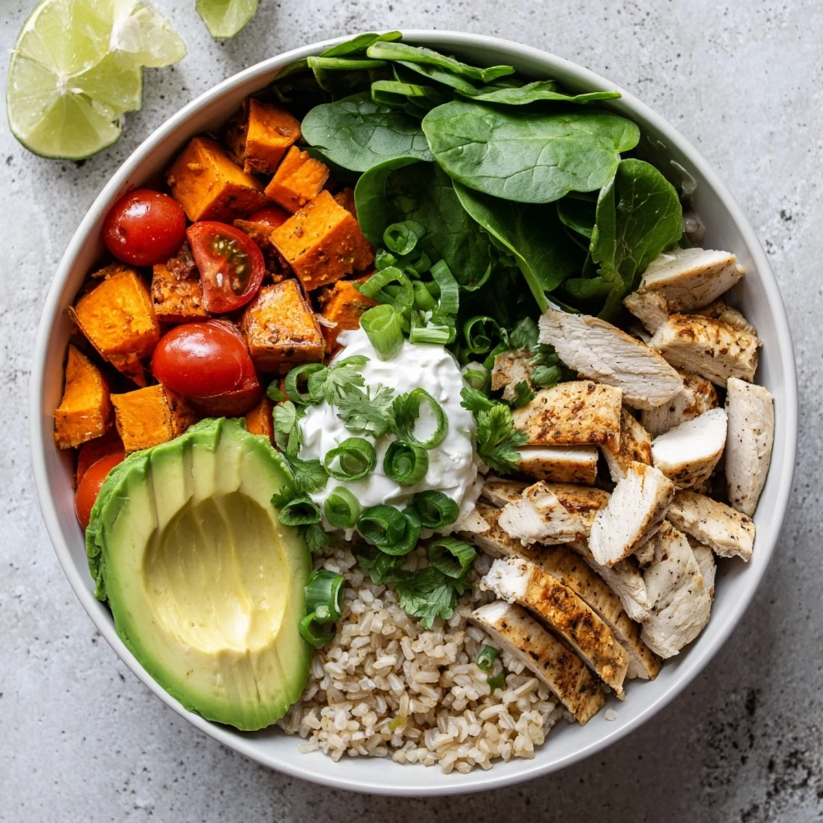 Golden roasted chicken and sweet potato cubes sit atop fluffy brown rice in a vibrant bowl, garnished with creamy avocado slices and fresh cilantro.