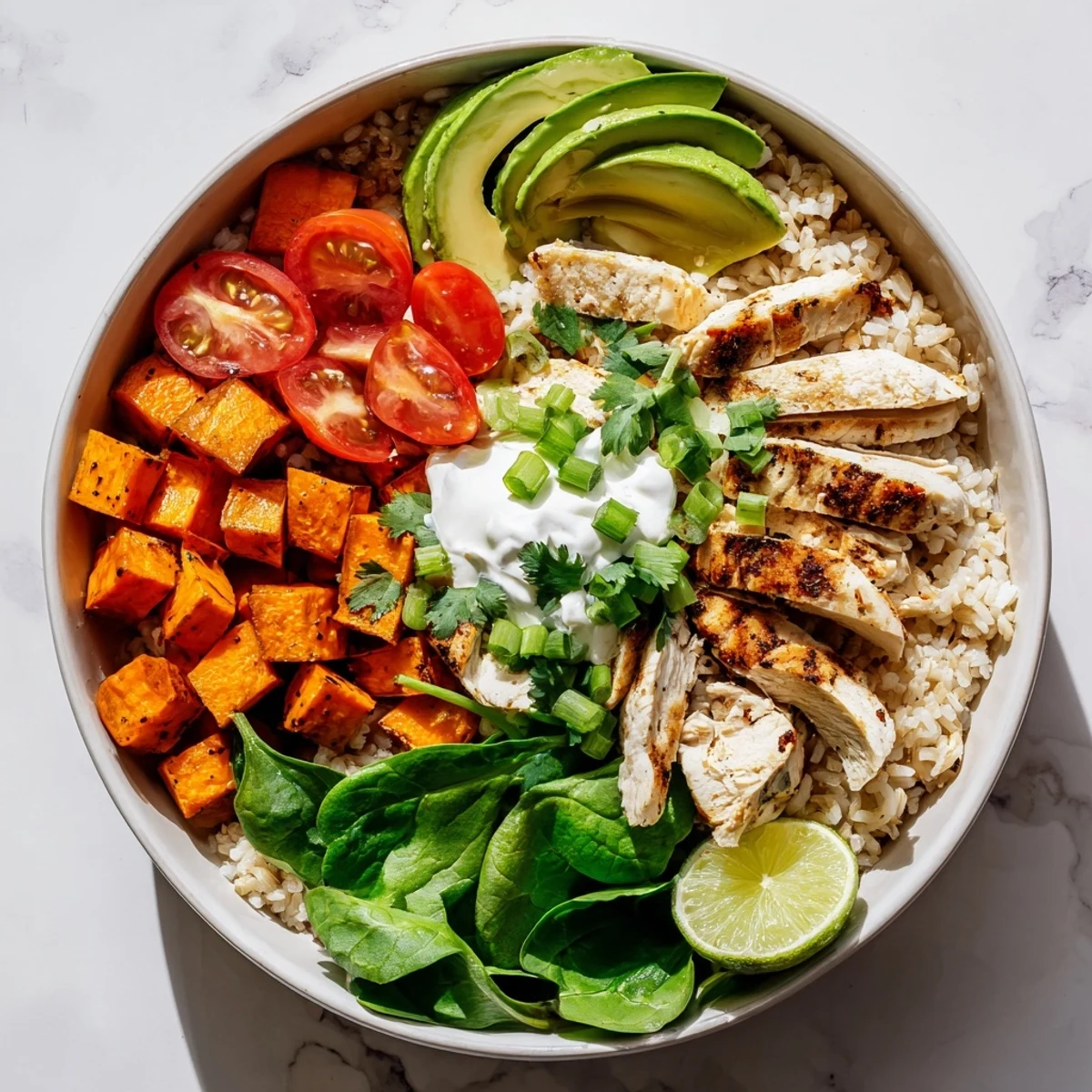 A nourishing wholesome chicken sweet potato rice bowl is served with lime wedges, sliced green onions, and a dollop of cool yogurt for a complete meal.