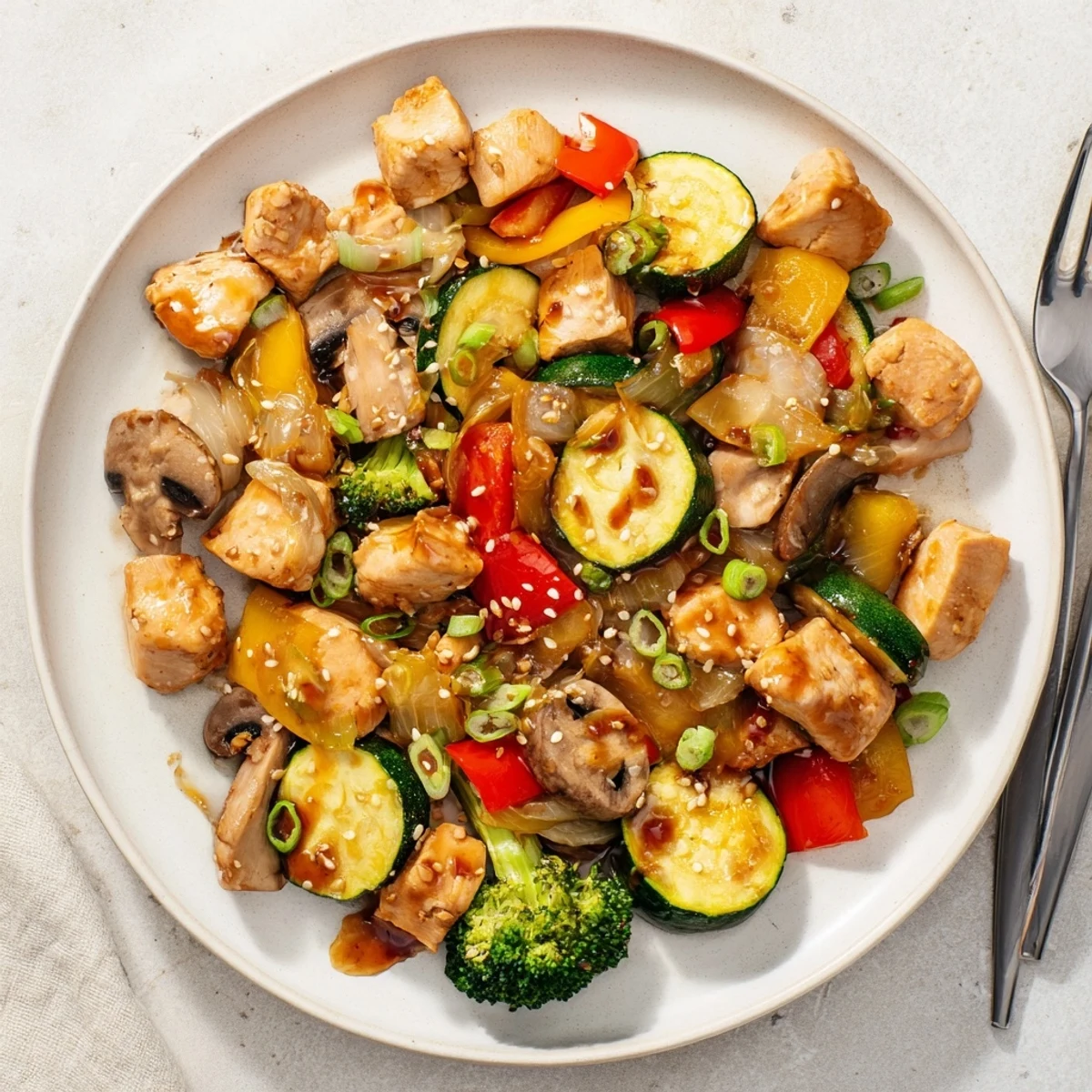 Platter of Perfect Easy Air Fryer Hibachi Chicken & Vegetables, glistening with savory sauce and topped with fresh green onions and sesame seeds.
