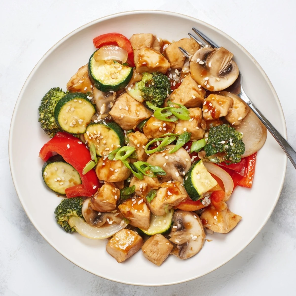 Close-up view of Perfect Easy Air Fryer Hibachi Chicken & Vegetables, showcasing juicy chicken cubes and crisp-tender broccoli, zucchini, and bell peppers.