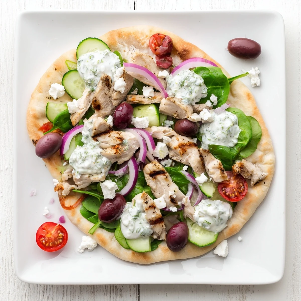Sliced Greek Chicken Flatbread topped with creamy tzatziki, fresh veggies, and feta on a plate
