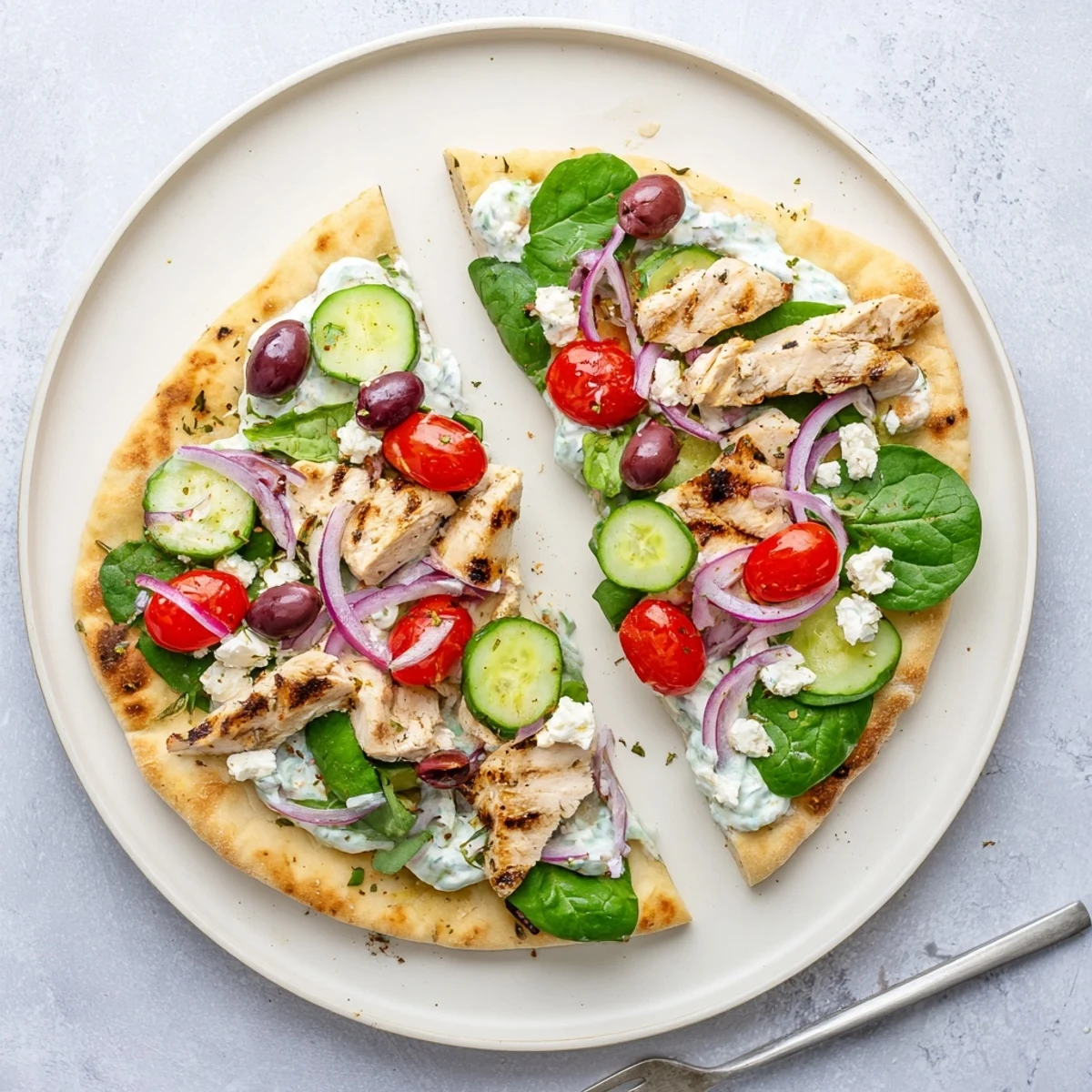 Plated Greek Chicken Flatbread drizzled with tzatziki sauce, perfect for a light Mediterranean lunch