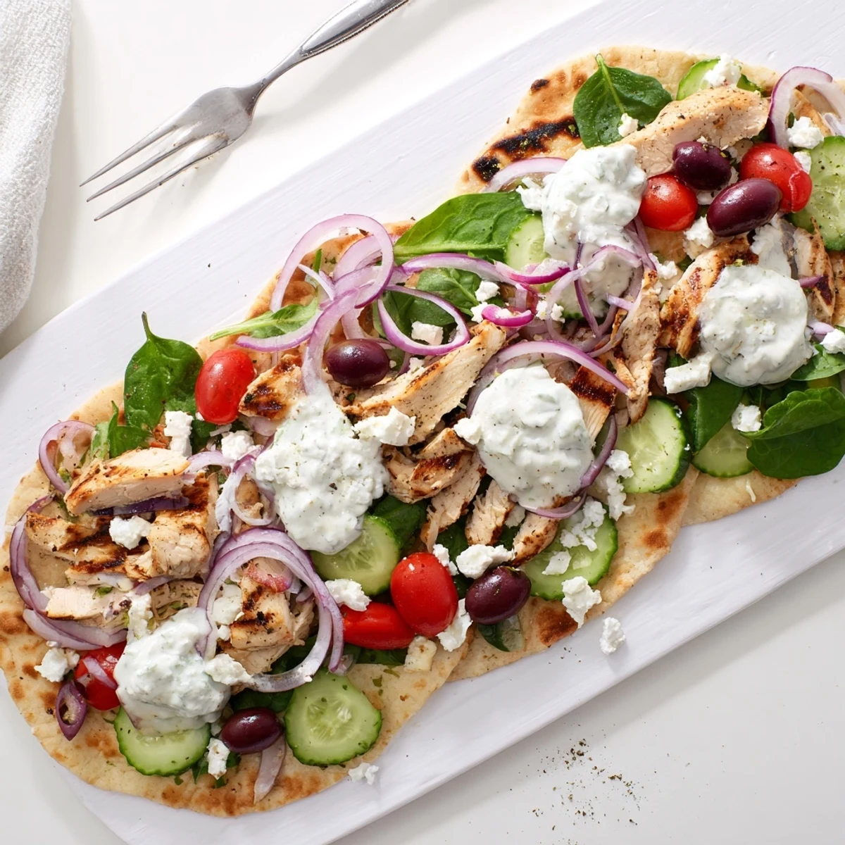 Freshly grilled Greek Chicken Flatbread served warm with arugula, tomatoes, olives, and cucumber slices