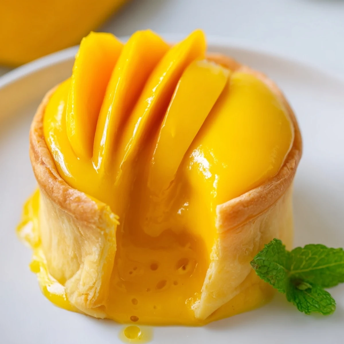 A close-up of a Mango Curd Tart with glossy mango slices and edible flowers on a rustic table.