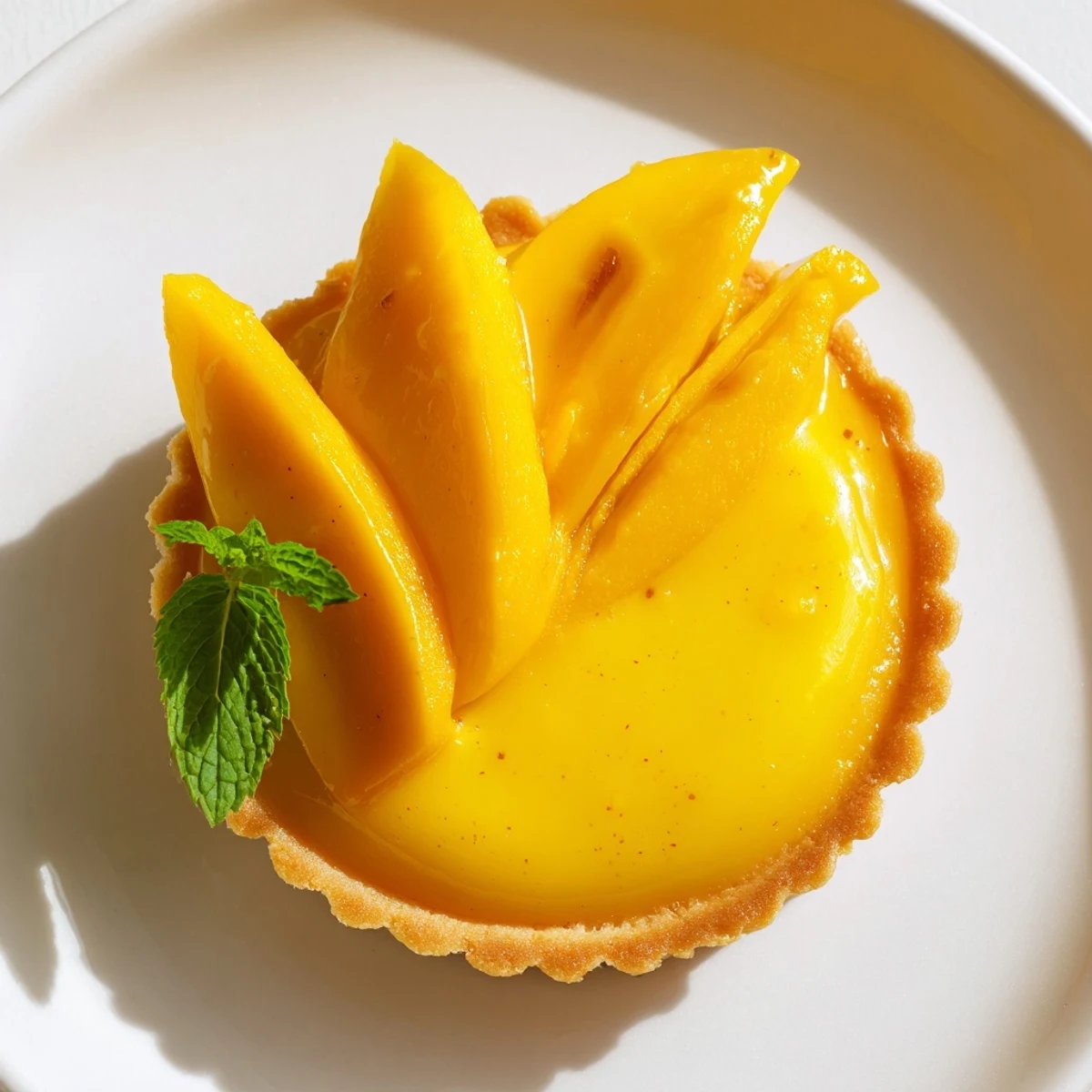 Fresh mango slices and mint garnish a chilled Mango Curd Tart on a marble countertop with sunlight.