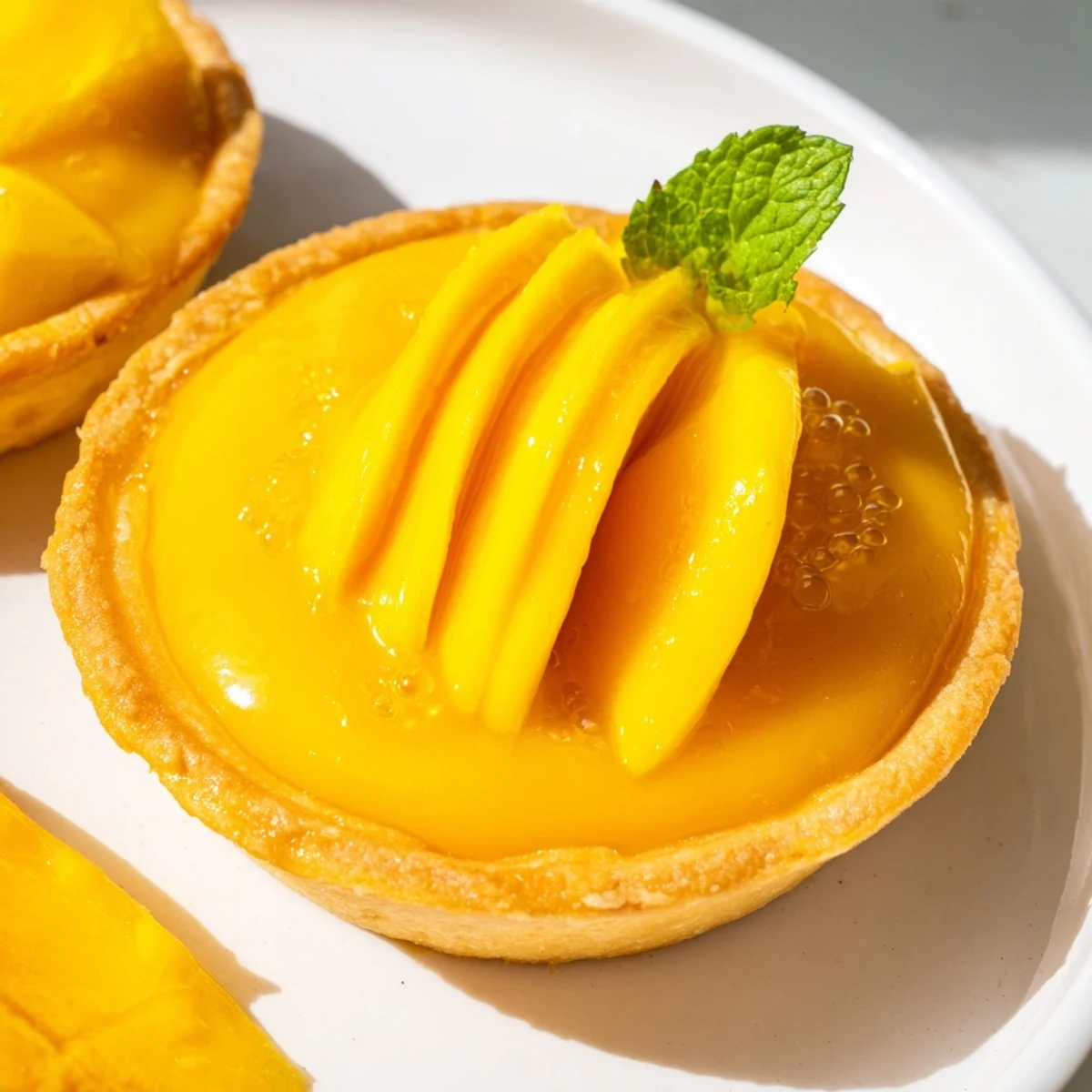 A slice of Mango Curd Tart reveals silky curd filling and buttery crust beside a serving of whipped cream.