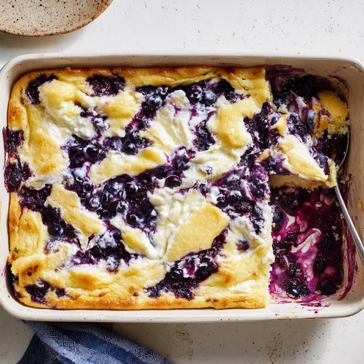 Warm Lemon Blueberry Cheesecake Dump Cake served bubbly with fresh berries and whipped cream.