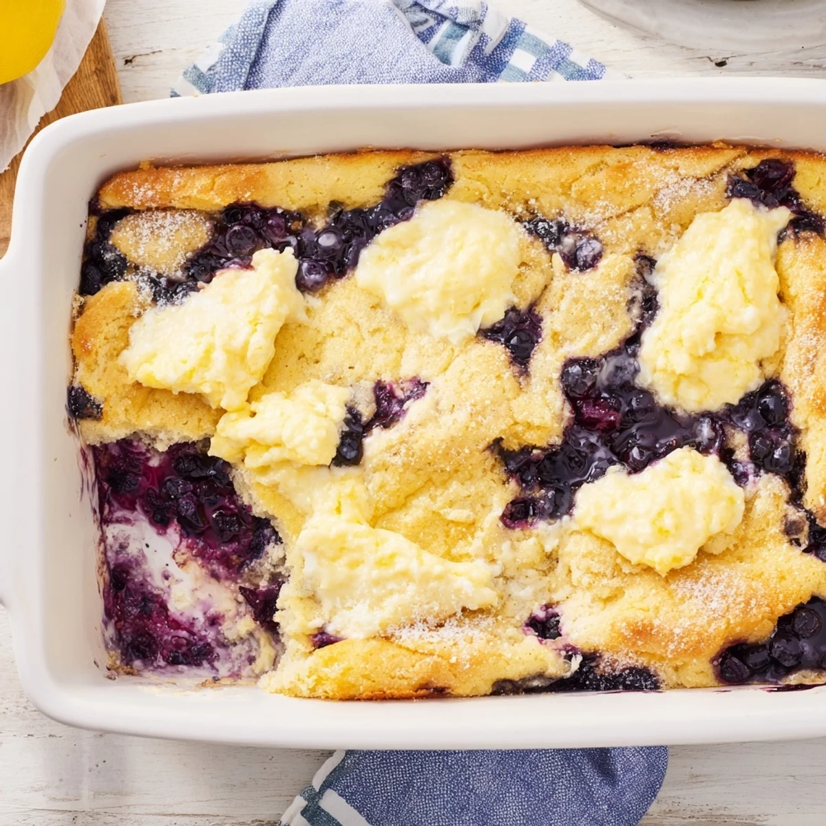 Golden Lemon Blueberry Cheesecake Dump Cake from a 9x13 pan topped with melted butter.