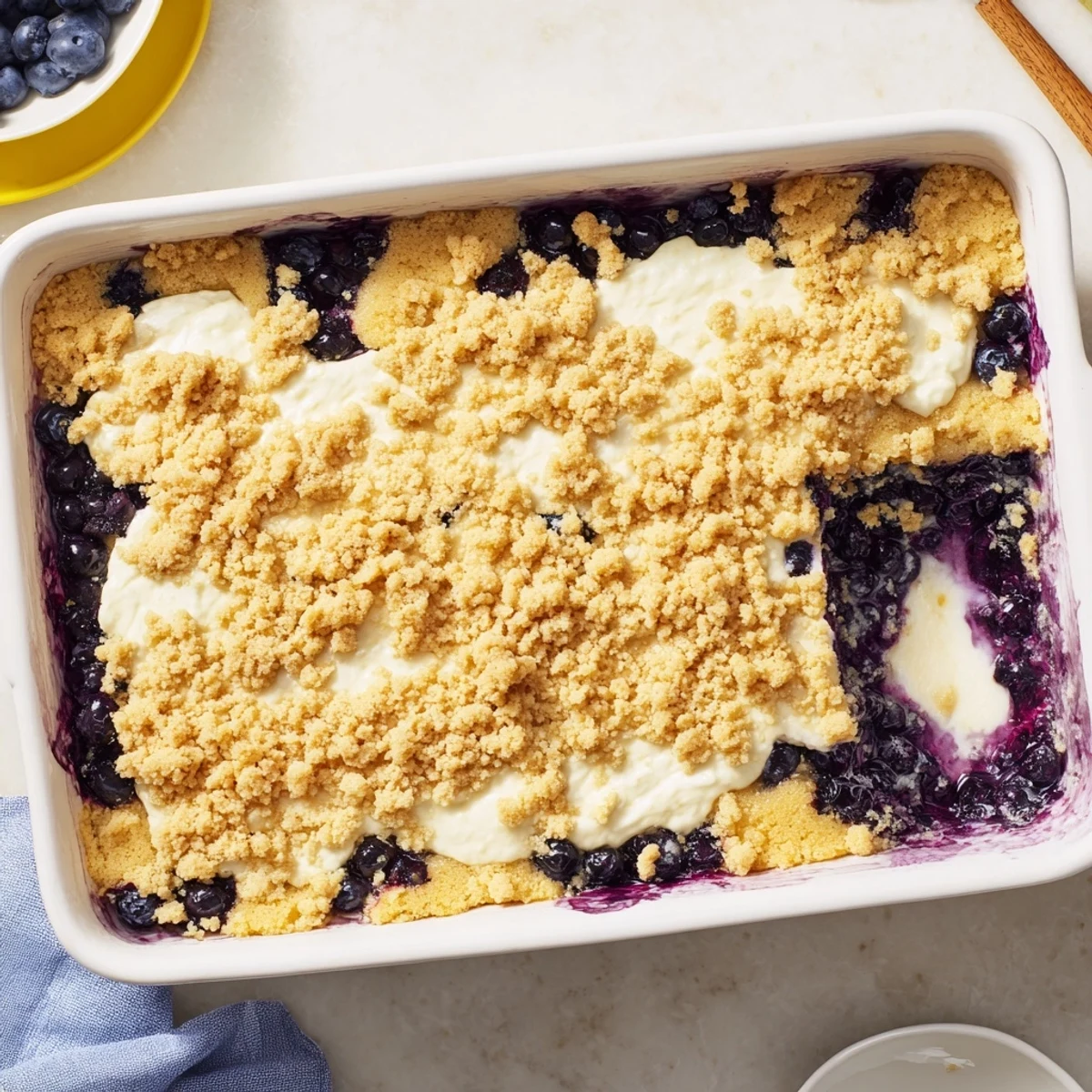 A slice of Lemon Blueberry Cheesecake Dump Cake with creamy cheesecake swirls on a serving plate.