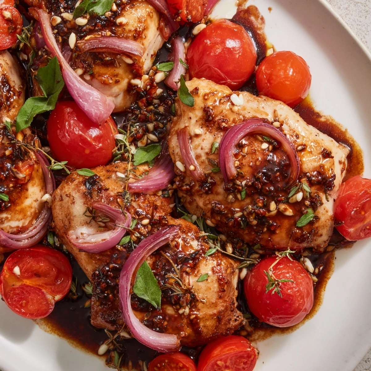 Golden seared One Pan Juicy Chicken With Balsamic Sauce simmers with cherry tomatoes and fresh herbs.