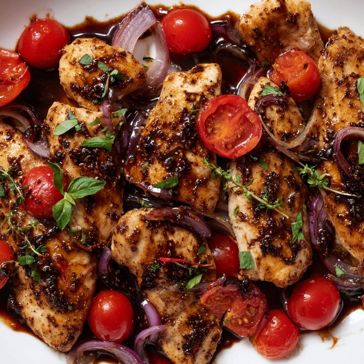 Juicy One Pan Juicy Chicken With Balsamic Sauce served with basil garnish and crusty bread.