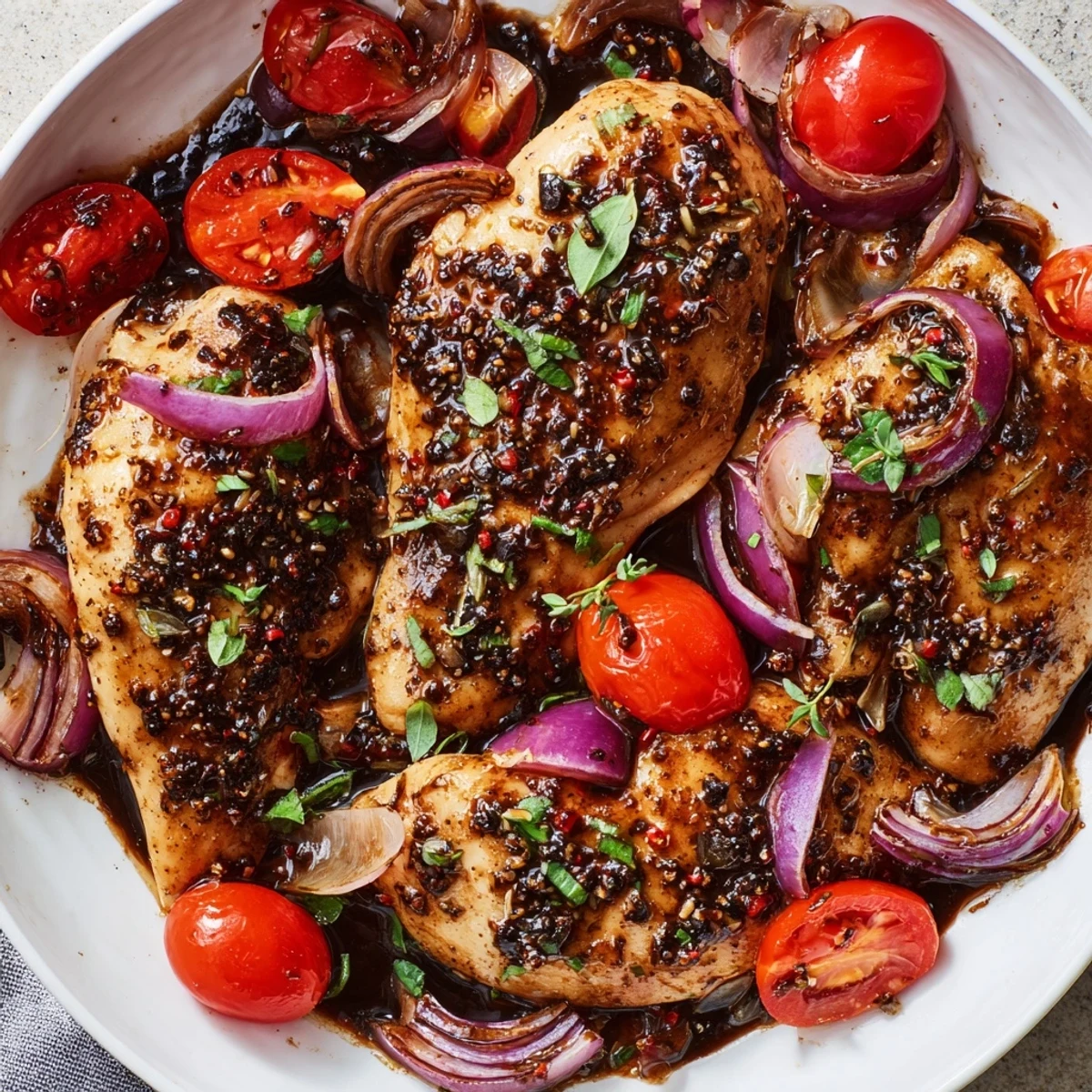 A close-up of One Pan Juicy Chicken With Balsamic Sauce glistening with a rich, garlicky glaze.