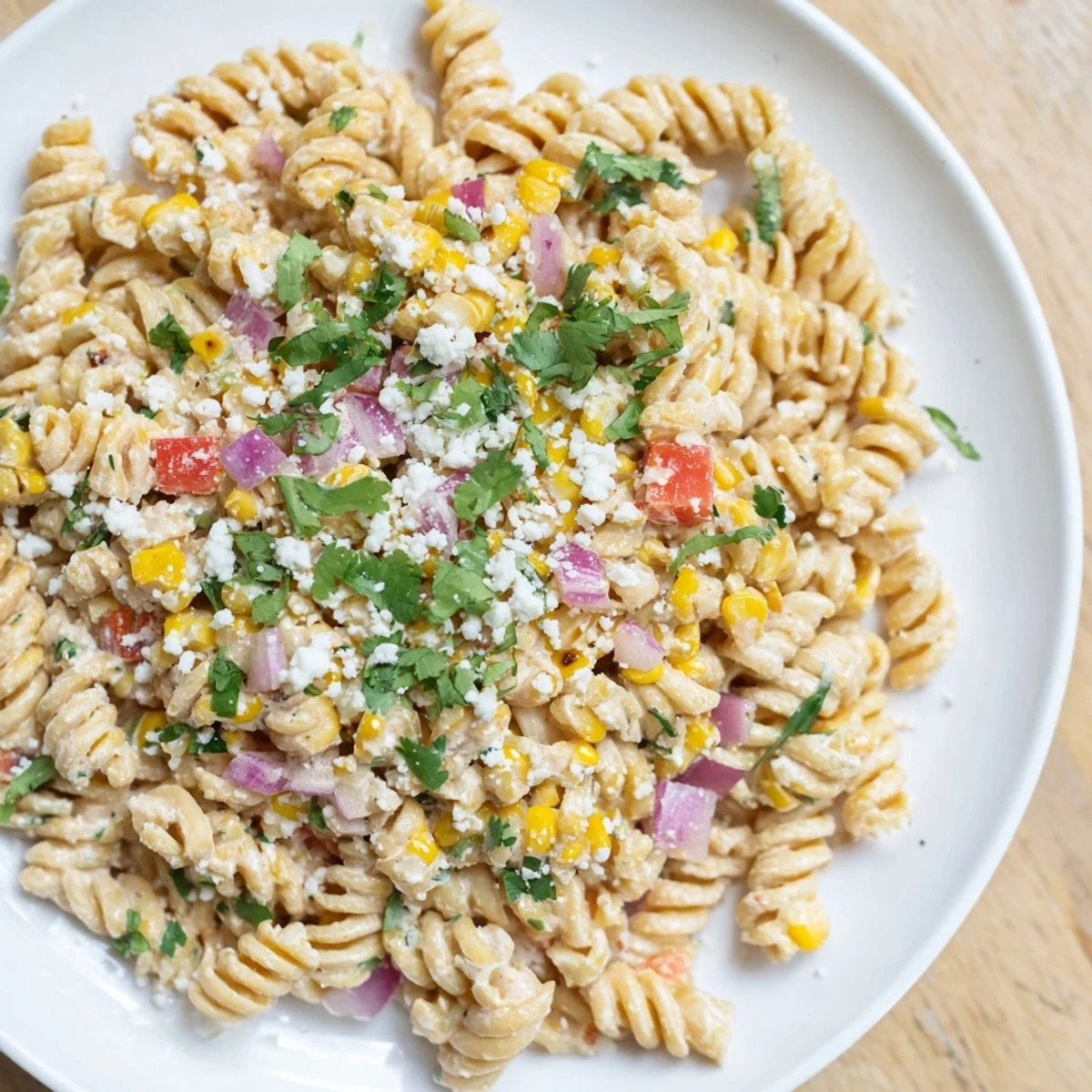 Vibrant Juicy Street Corn Pasta Salad with charred kernels, creamy lime dressing, and crumbled cotija cheese.